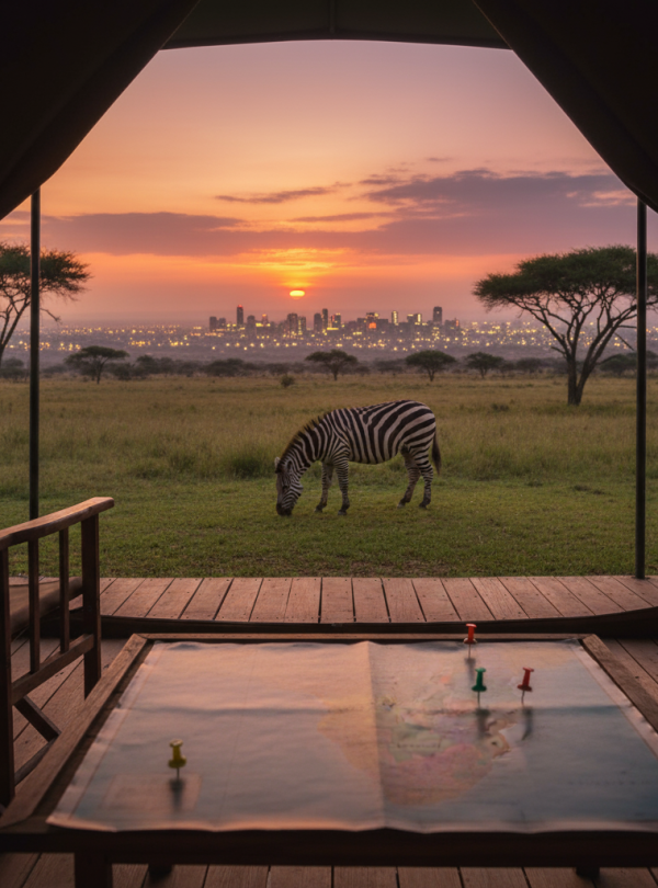 Plan your unique Southern Africa safari with Traveyola. View from inside a tent showing a map of Africa on a table, a zebra grazing outside, and a glowing city skyline in the distance.